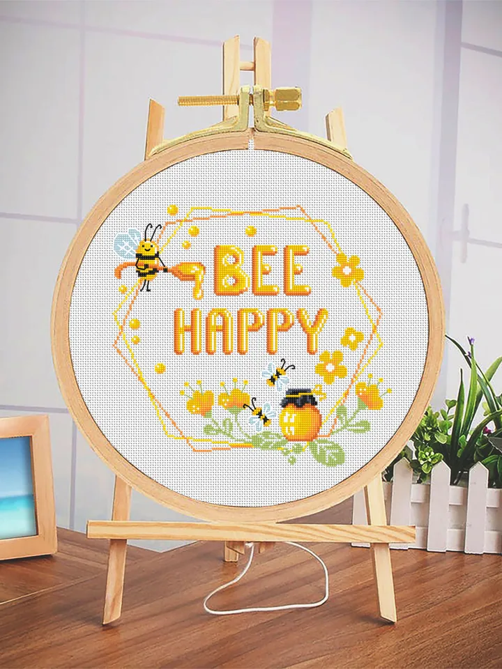 Honey bee cross stitch digital PDF pattern Bee Happy cross stitch Quote Floral wreath xstitch chart Easy begginers embroidery Bee decor #Q47