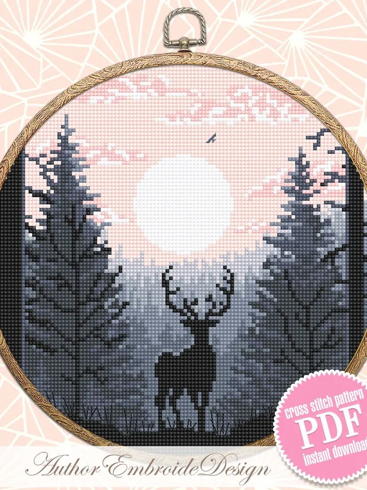 Nature landscape cross stitch pattern PDF download Deer cross stitch chart, Simple cross stitch beginner, Forest sunset digital pattern #L74