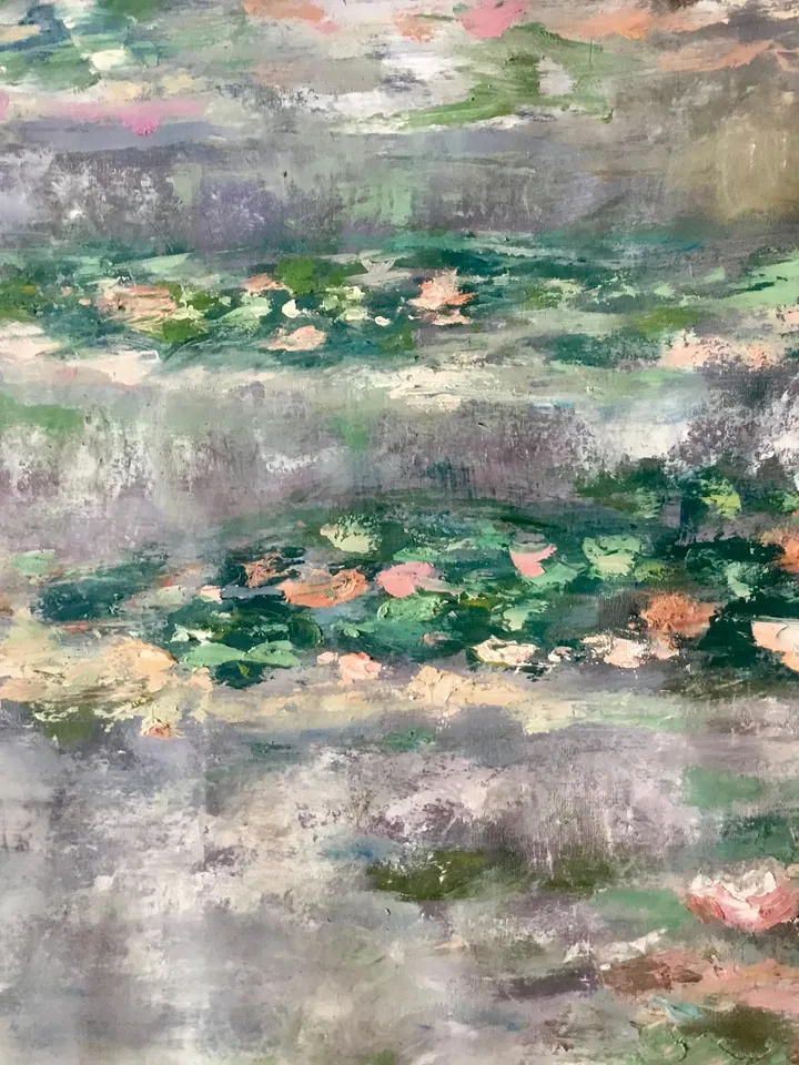 Waterlillies pond large canvas,original oil painting on unstretched canvas,Monet inspired,foggy landscape,home decoration wall hanging.