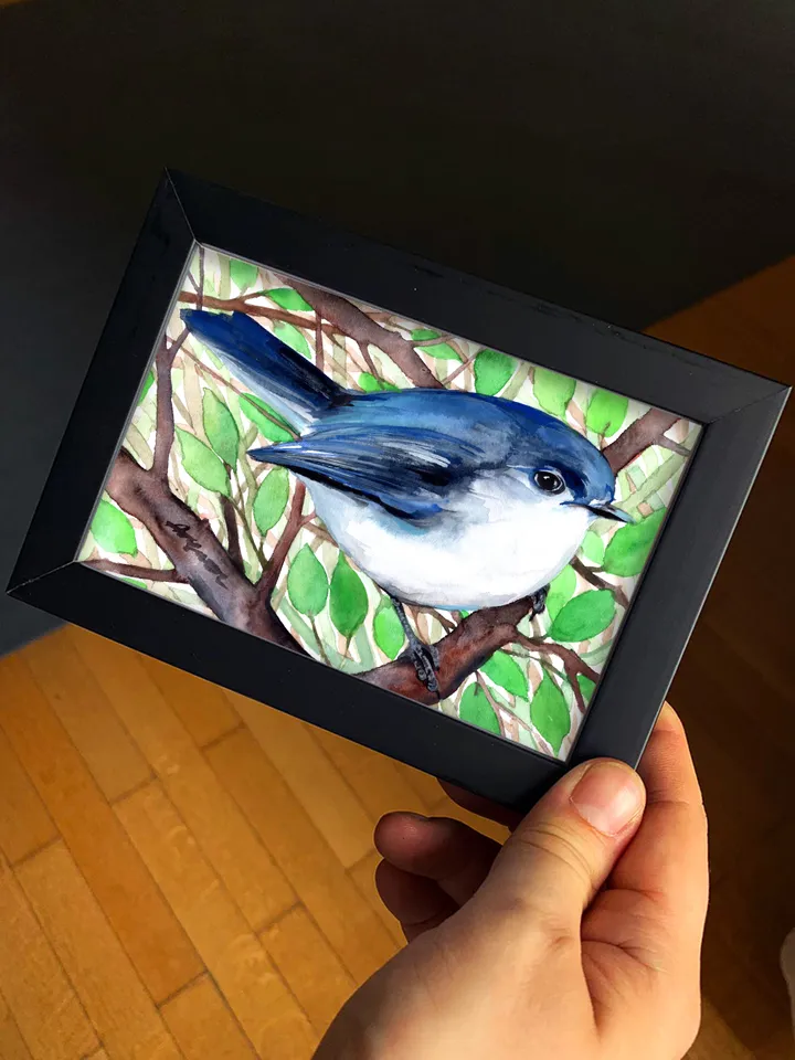 Blue bird original watercolor, birds painting, handmade wall decor, 5x7 in art for bird lovers by Anne Gorywine