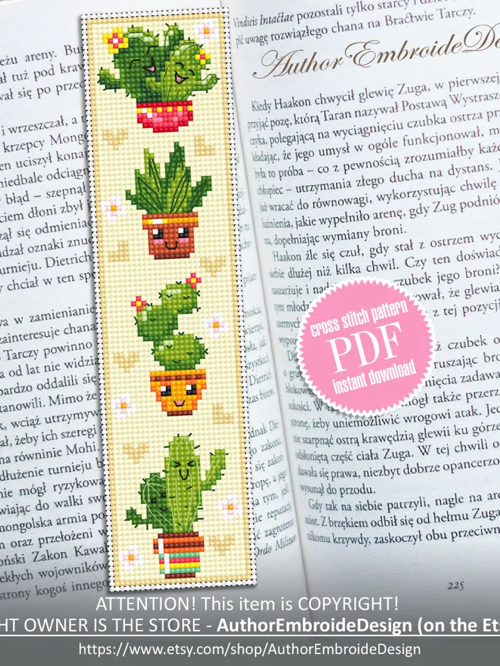 Cactus bookmark cross stitch pattern PDF download Kawaii cactus cross stitch chart, Floral bookmark pattern digital PDF, Potted plants #B340