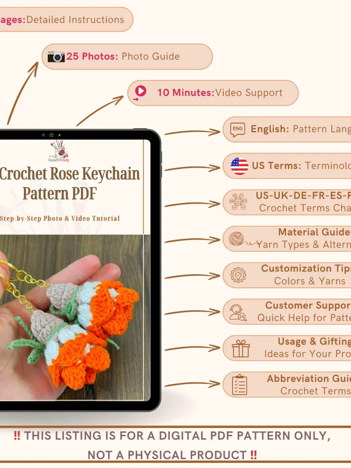 3D Crochet Rose Keychain Pattern PDF, Handmade Floral Bag Charm, Amigurumi Flower Keyring DIY, Cute Gift Idea, Instant Download