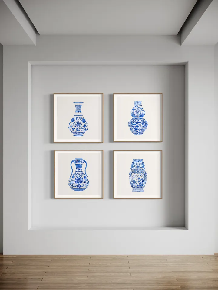 Blue Chinoiserie Set Of 4 Ginger Jars, Watercolor Painting, Vintage Chinoiserie, Chinese Vase Prints, Housewarming Gift, Chinoiserie Art