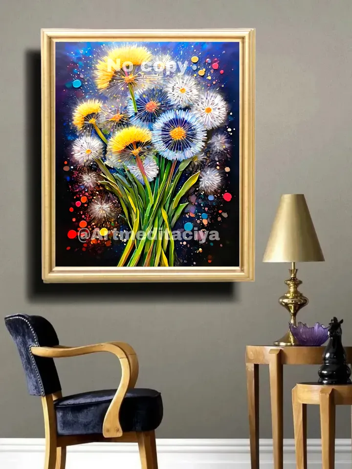 Digital abstract 3d texture painting "Dandelions". Textural image of multicolored dandelions on a dark blue background with colorful bright drops in the style of oil painting with a palette knife, impasto