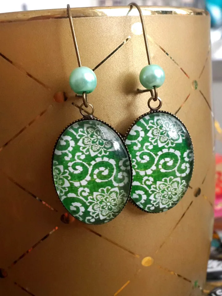 Green earrings, Green pattern glass cabochon bronze earrings Boho gypsy statement jewelry