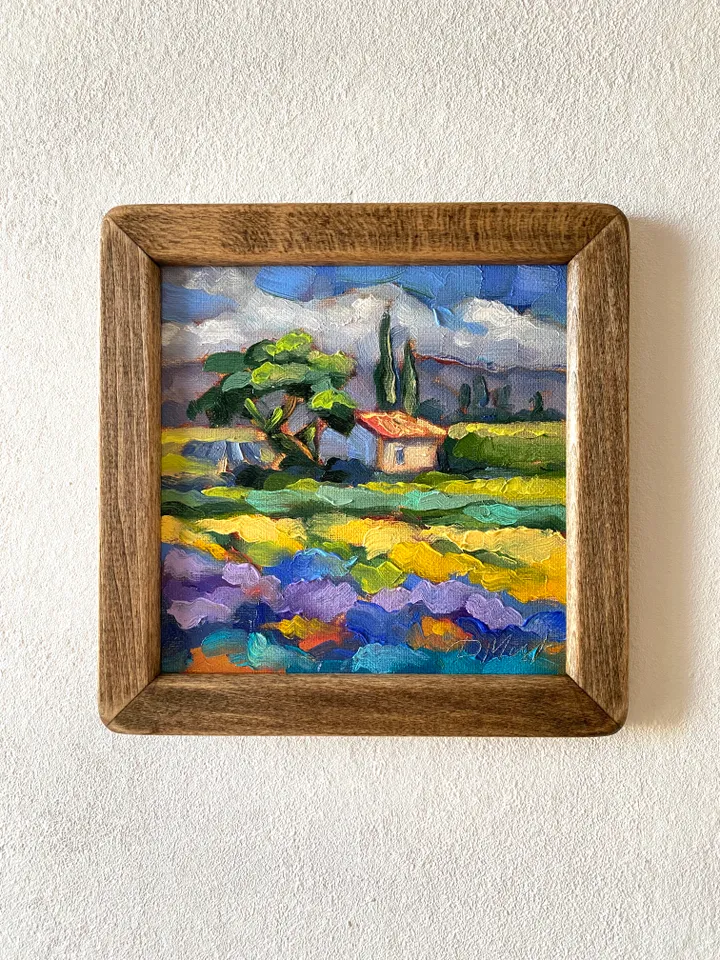 Lavender Fields Painting Tuscany Original Art Landscape Oil Painting Impasto Small Artwork 6x6 Tuscan Serenity Painting Wild Flowers