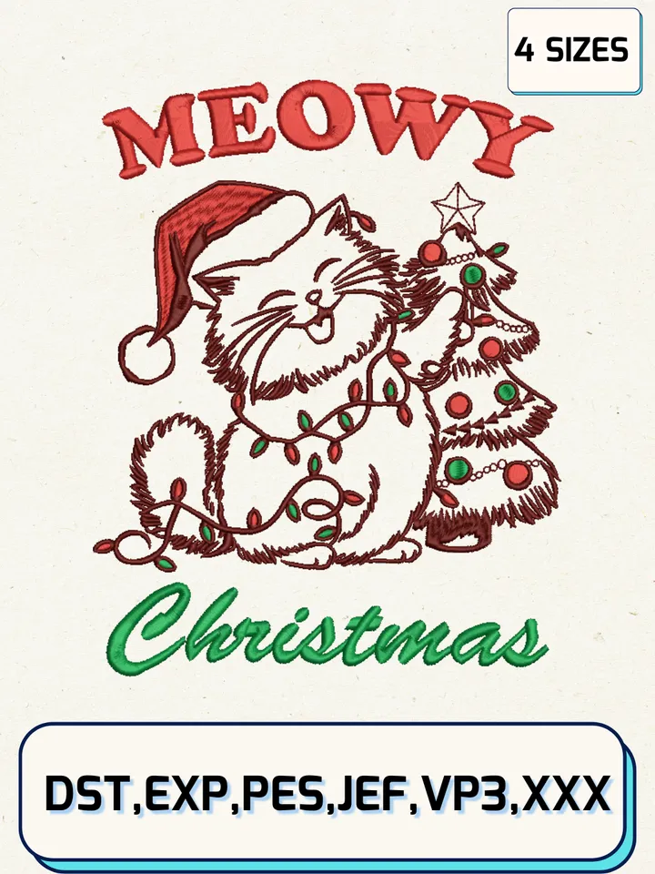 Meowy Christmas Embroidery Design,Christmas Embroidery Designs,Machine Embroidery Files,4 Sizes