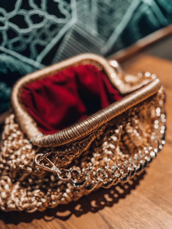 Dumpling vintage bag, gold claps, bridesmaid wedding clutch, crochet handbag, luxury gift