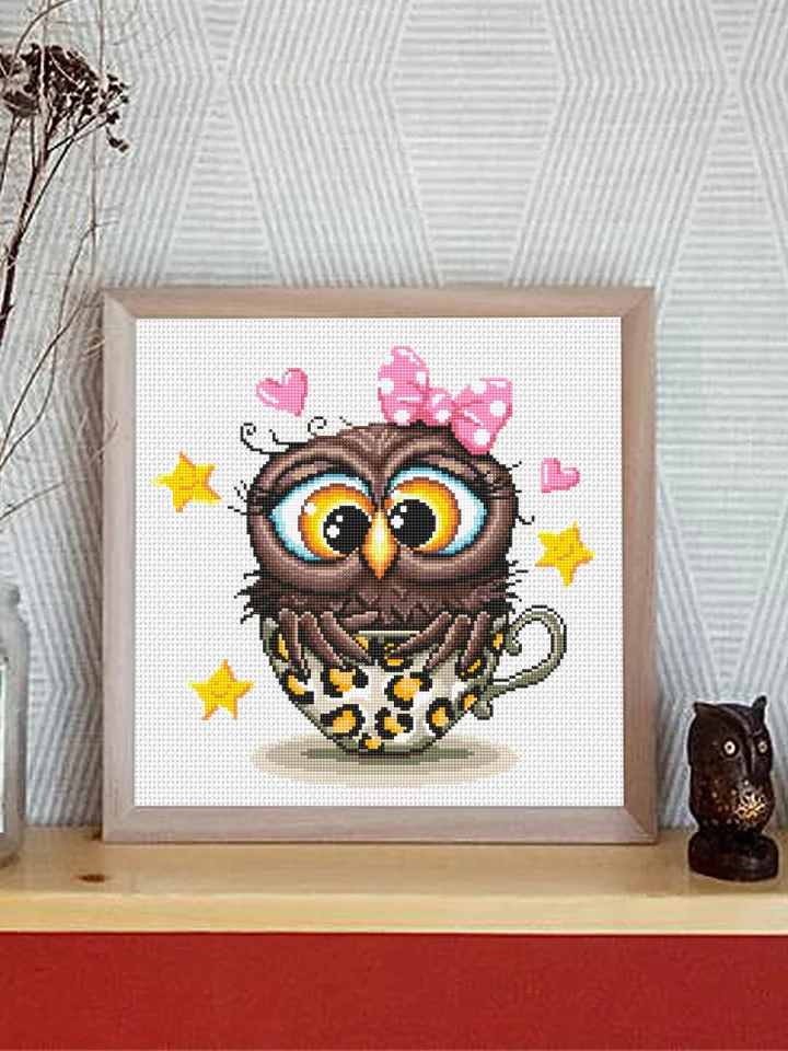 Cute owl cross stitch pattern digital PDF Leopard print cup cross stitch Instant download PDF Funny bird xstitch chart Modern Home decor #D5