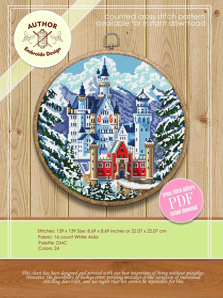 Winter landscape cross stitch pattern download PDF Neuschwanstein castle cross stitch chart, Nature embroidery digital, Snowy mountains #C3