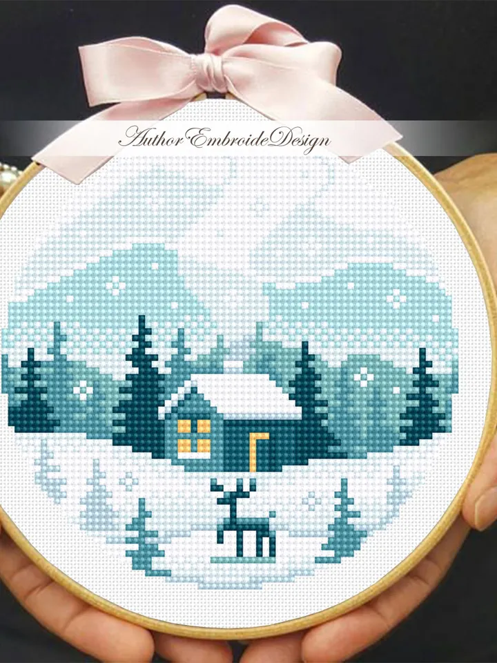 Winter landscape cross stitch pattern PDF download Winter forest cross stitch chart, Small pattern digital PDF beginner House in forest #L91