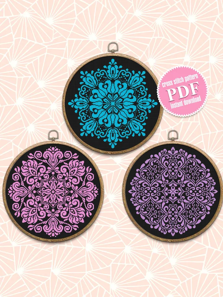Mandala set cross stitch pattern PDF, Flower mandala cross stitch chart, Monochrome mandala pattern digital download PDF, Home decor #S48