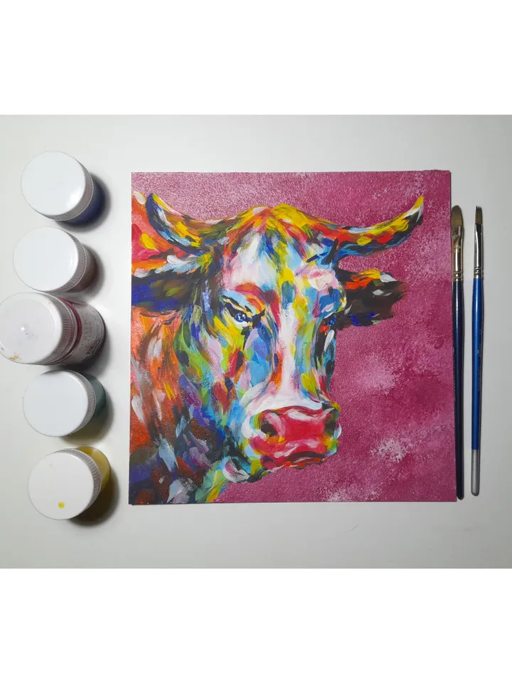 Strawberry Cow Painting Animal Original Art Farm Artwork Acrylic Painting 8.5 by 8.5 Above Sofa Art by TatianaArtShop