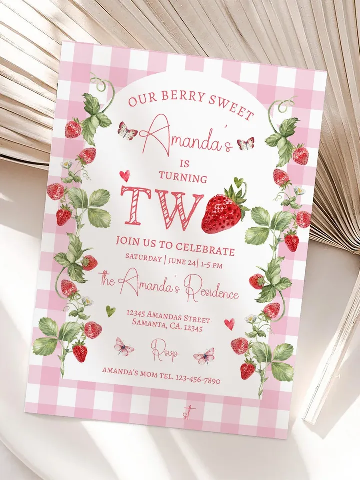 Editable Strawberry Two Sweet 2nd Birthday Party Invitation Berry First Birthday Invitation Summer Berries 2nd Birthday Instant Download