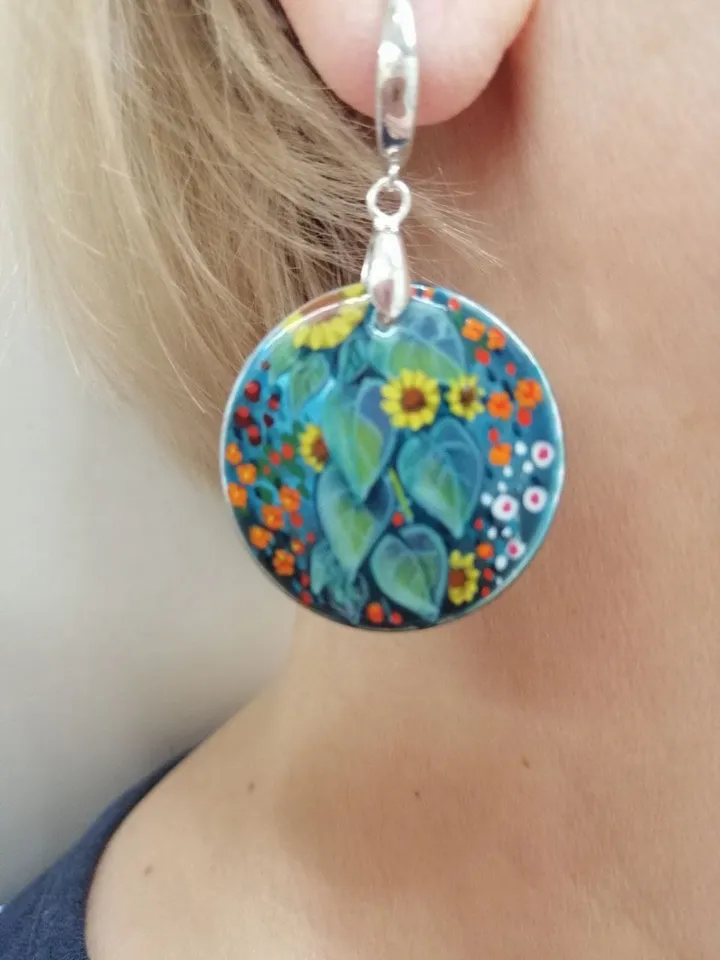 Pearl earrings: Garden flowers and Sunflower hand painted on green mother of pearl earrings • Elegant handcrafted jewelry • Stylish art gift