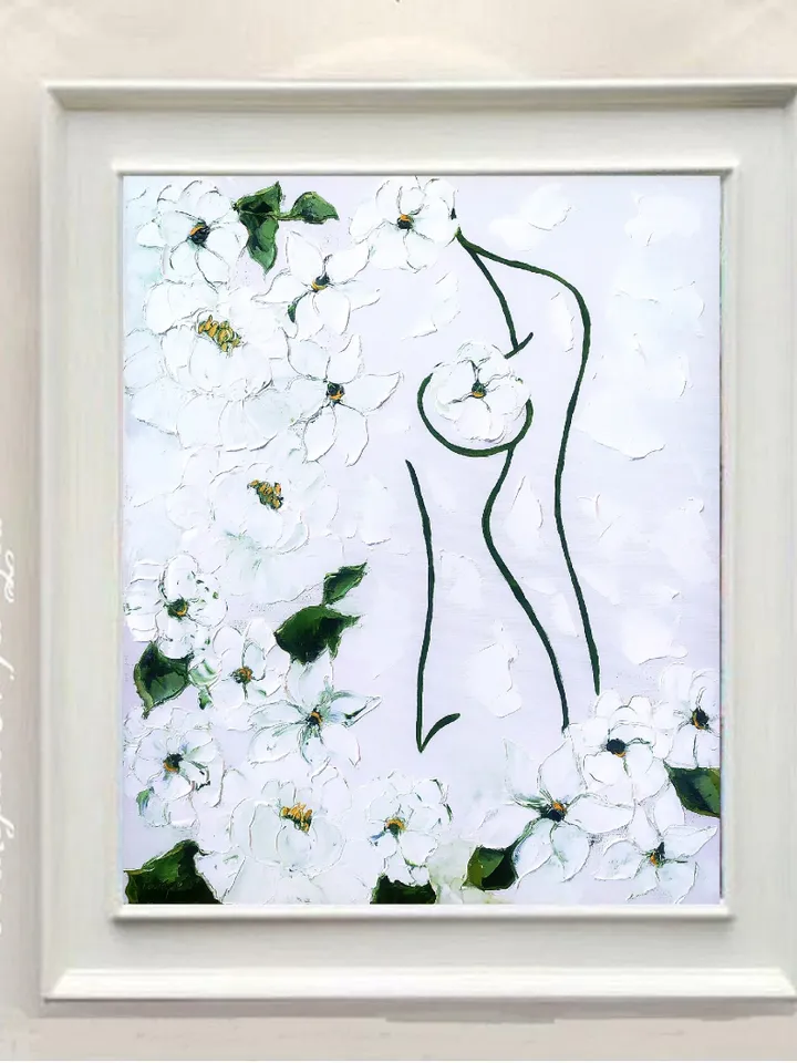 WOMAN Painting White Original Art Impasto Oil Painting Oil Figurative Flowers Art Body 24 by 20 in by ArtProkopaloSv