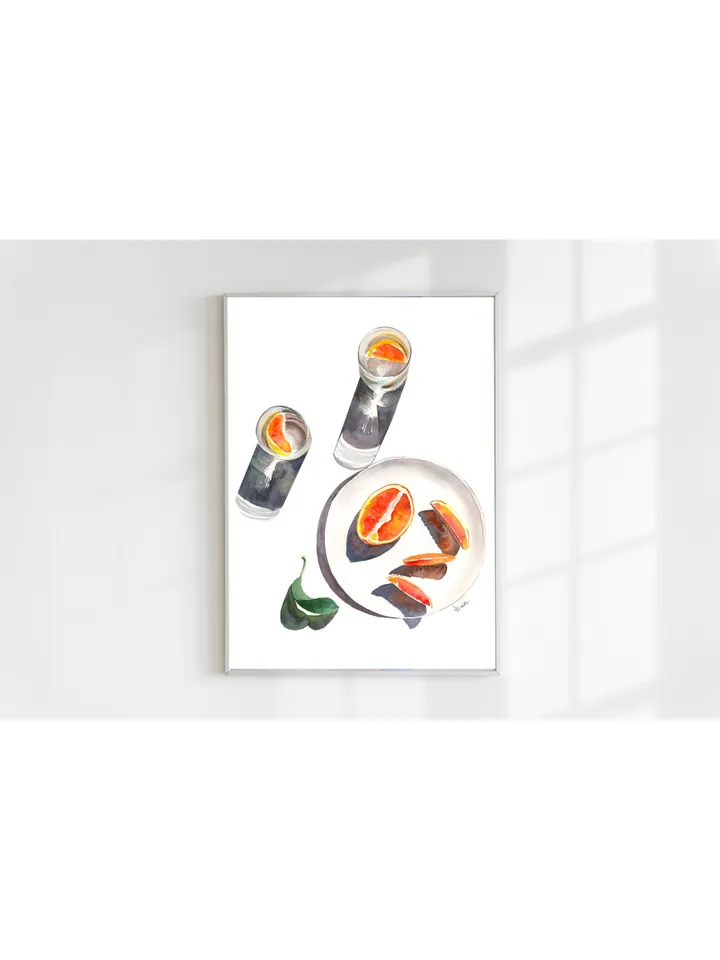 Watercolor Cocktail Orange Wall Art Still Life Print, Watercolor Drink, Modern Food Art, Modern Kitchen Decor, Bar Cart Art,Minimalist Decor