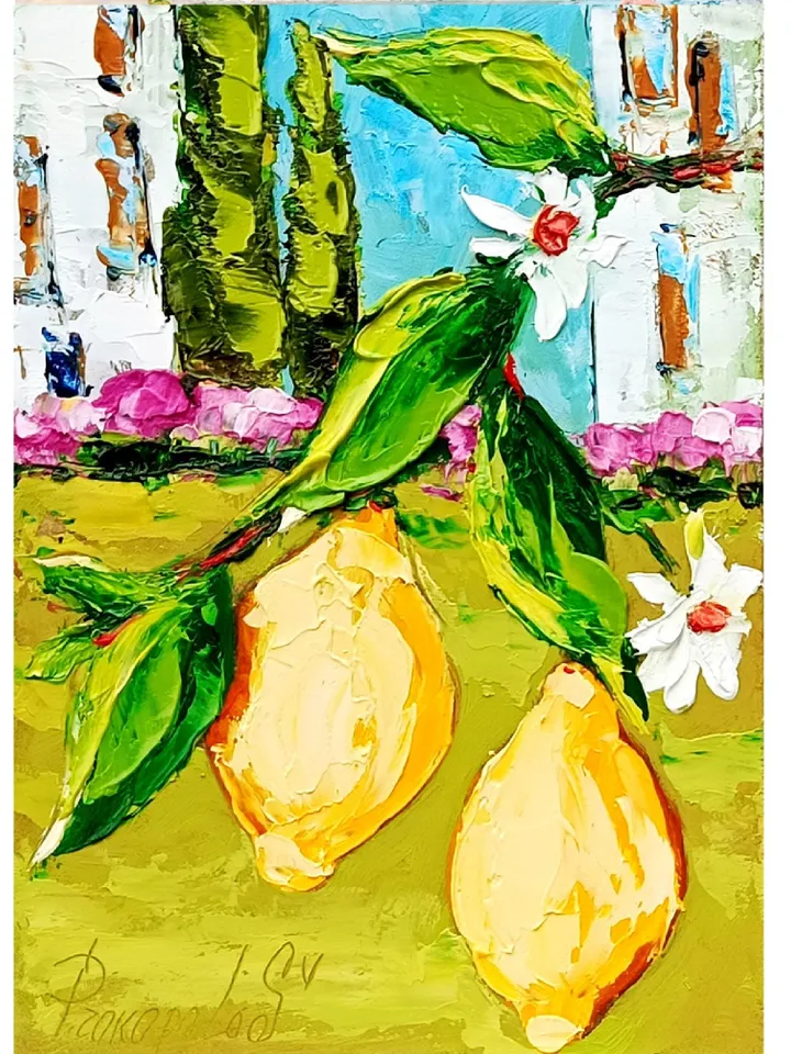 Lemon Tree Painting Courtyard Original Art Impasto Oil Painting Italian Landscape mall Art Unique Original Oil Painting Modern Art 7x5