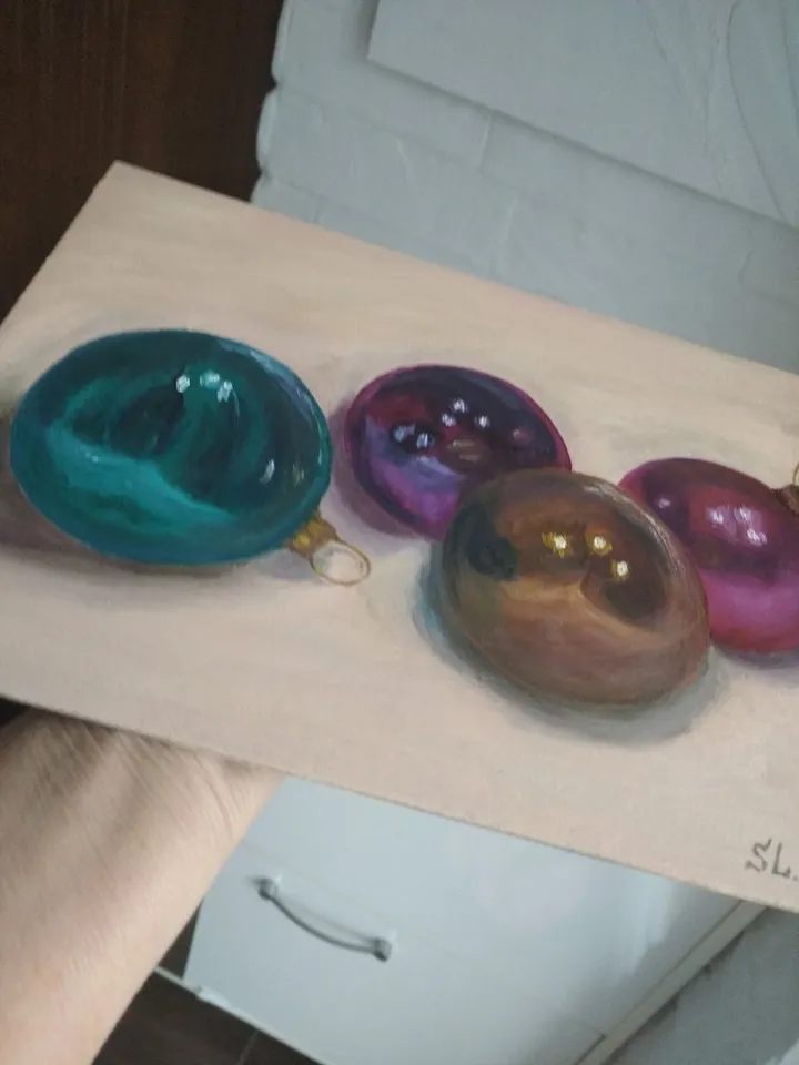 Glass Balls Oil Painting Original Art Winter Holiday Christmas Tree Toys Handmad