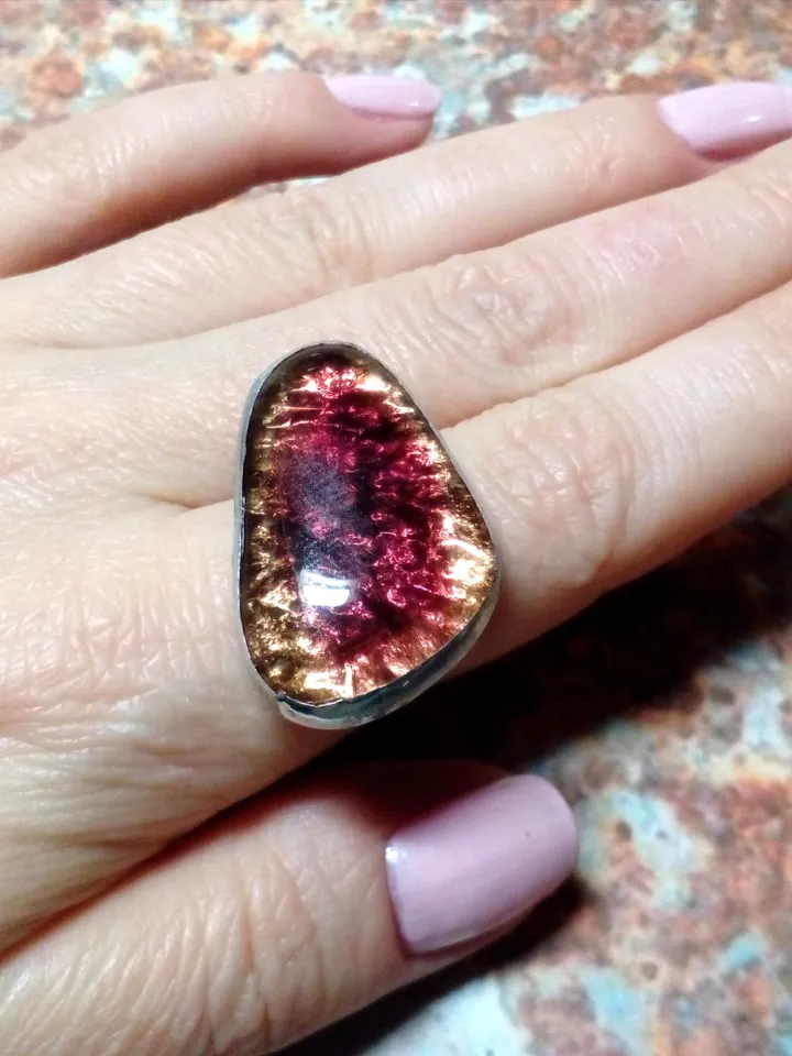 Big Glass fused ring, simple stained glass, tiffany ring, shiny ring, transparent ring, tin soldered ring
