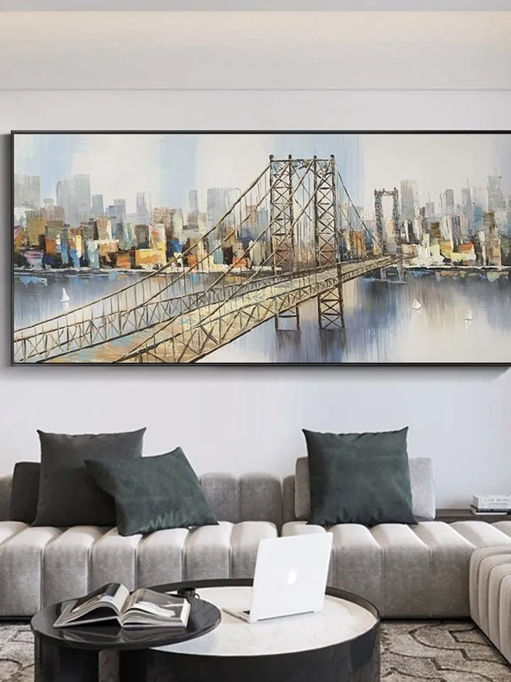 Abstract New York City Oil Painting on Canvas, Large Original Brooklyn Bridge Skyline Urban Cityscape Painting Living Room Wall Art Decor