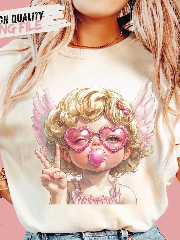 Retro Cupid Valentines Day Blowing Bubble PNG, Vintage Valentines Day png, Funny Cupid With Sunglasses png, Valentines Day png, Cupid png