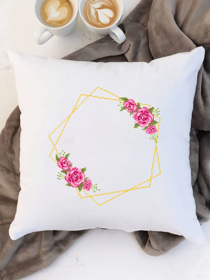 Flower frame cross stitch pattern PDF download Your text here, Roses wreath cross stitch chart, Pentagon frame pattern digital PDF #Y8