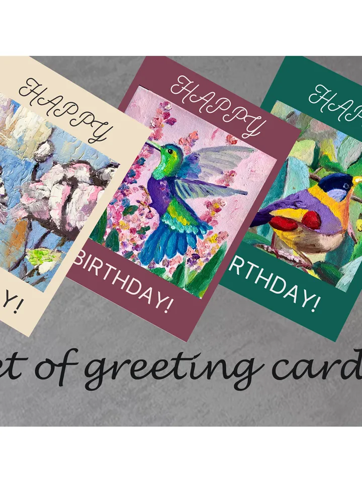 Digital greeting cards, Set of 3 Birthday card with bird, Goldfinch, Hummingbird, Abstract Flower Printable cards