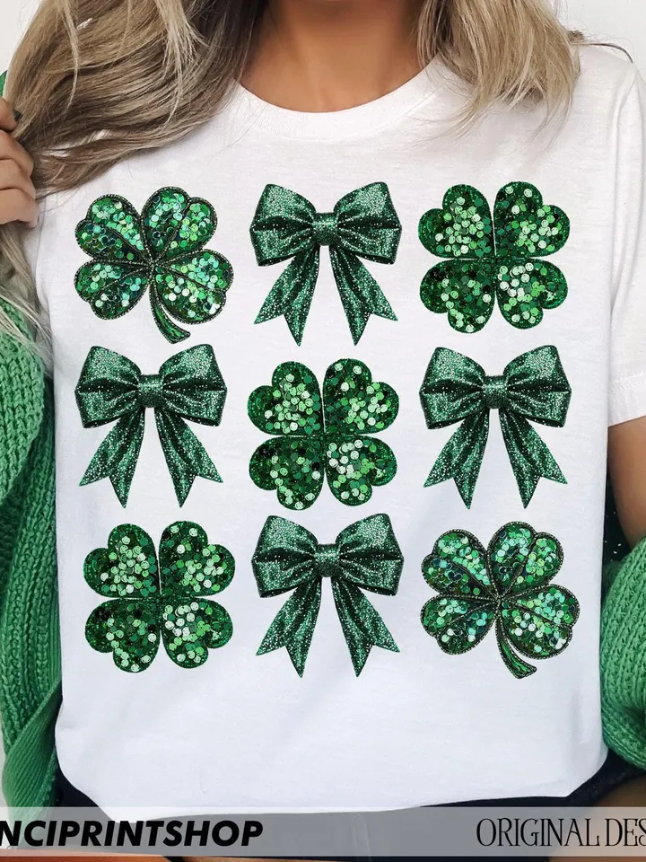 Faux Sequins St. Patrick's Day png, Green St.Patrick’s Day PNG, Sparkly Clover PNG 4 Leaf Clover, St.Patrick’s Bow, Shamrock shirt design