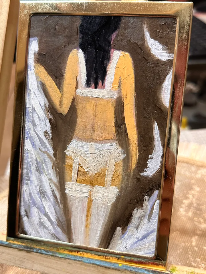 Oil Painting Fallen Angel Portrait of a Woman Figurative People Miniature Cardboard 6x4 inches 15 cm x10 cm In a Gold Frame Modern Art Impressionism Wall Decor
