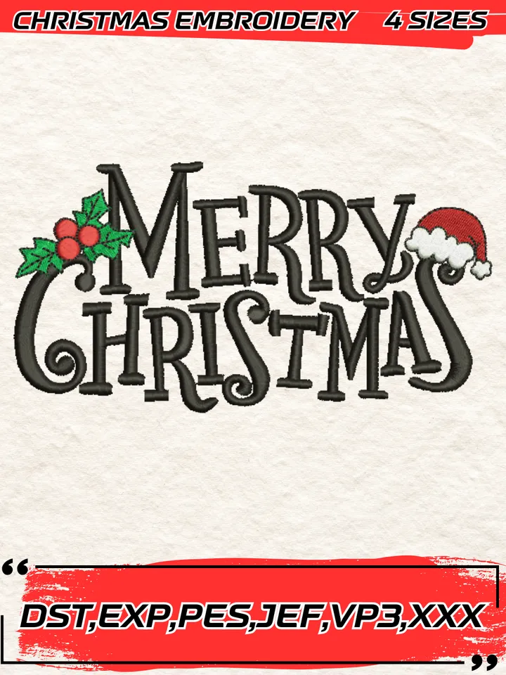 Merry Christmas Embroidery Design,Christmas Embroidery Design,4 Sizes, Digital Download #7