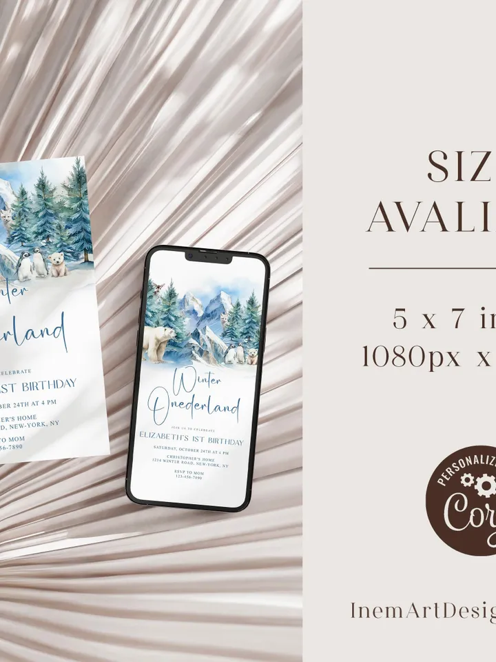 Winter Onederland 1st Birthday Invitation, Snow Woodland 1st Birthday Invite, Winter Onederland, Printable 1st Birthday Invitation - i131