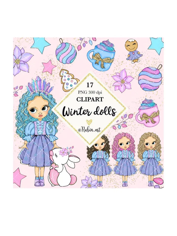 Cute Winter Girl Clipart, Winter Doll Clipart, Christmas Girl Clipart, Snow Princess Clipart Bundle, Sublimation Designs, Digital Clipart