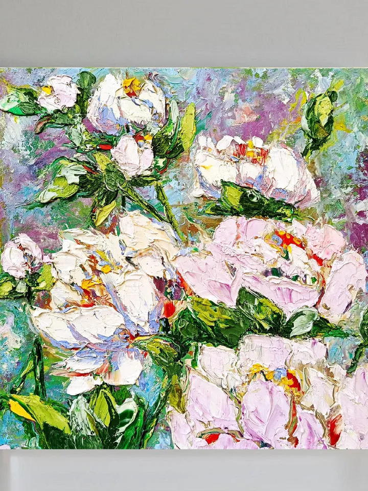 Peonies Oil Painting Flowers Art Impasto Floral Original Artwork Still Life 10x10 Wall Art Gifts by ArtProkopaloSv