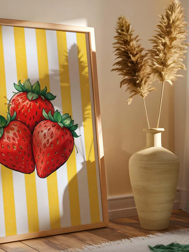 Strawberry Vintage Print, Strawberries Wall Art, Kitchen Trendy Poster, Farmhouse Kitchen Drawing, Retro Kitchen Decor, Fruit Wall Art