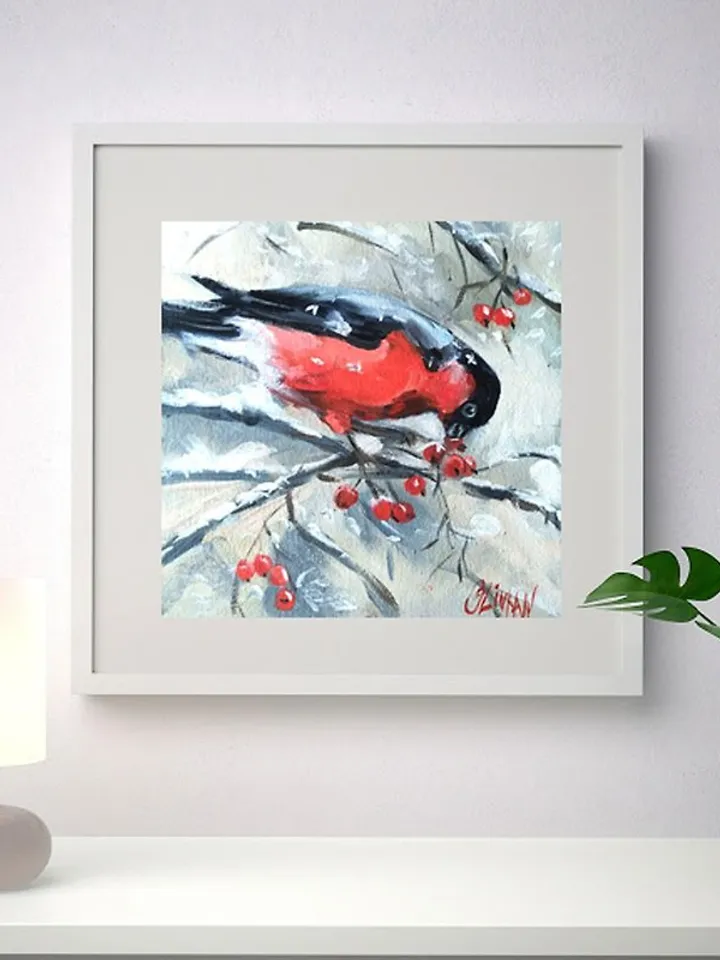 Bullfinch Art Bird Original Oil Artwork Bird Painting OlivKan