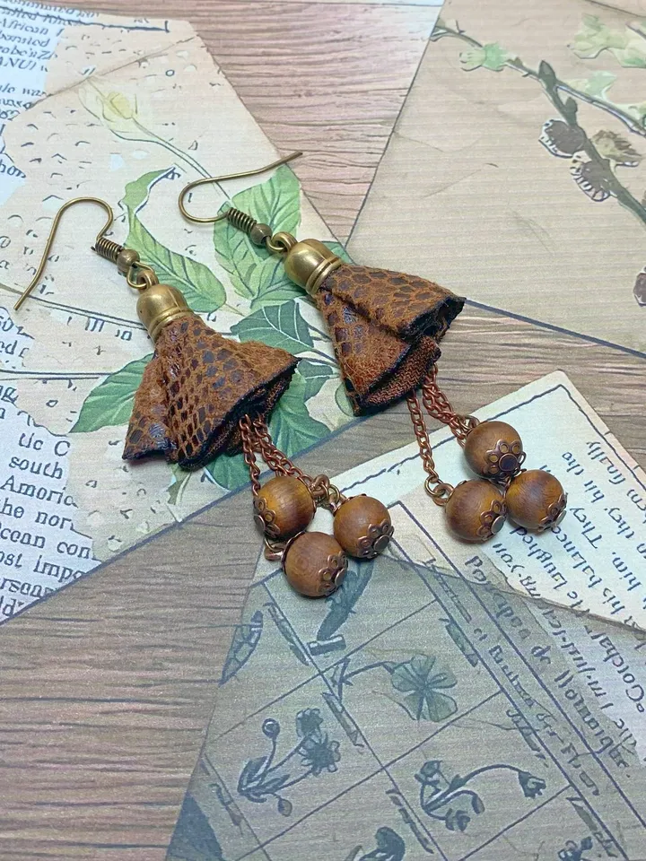 Handmade earrings with wooden beads.