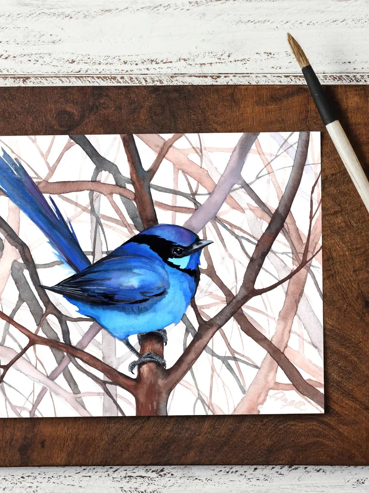 Blue fairy wren original watercolor, bird on the branch painting, bluebird portrait room decor, 8x11 in wall art for bird lovers handmade by Anne Gorywine