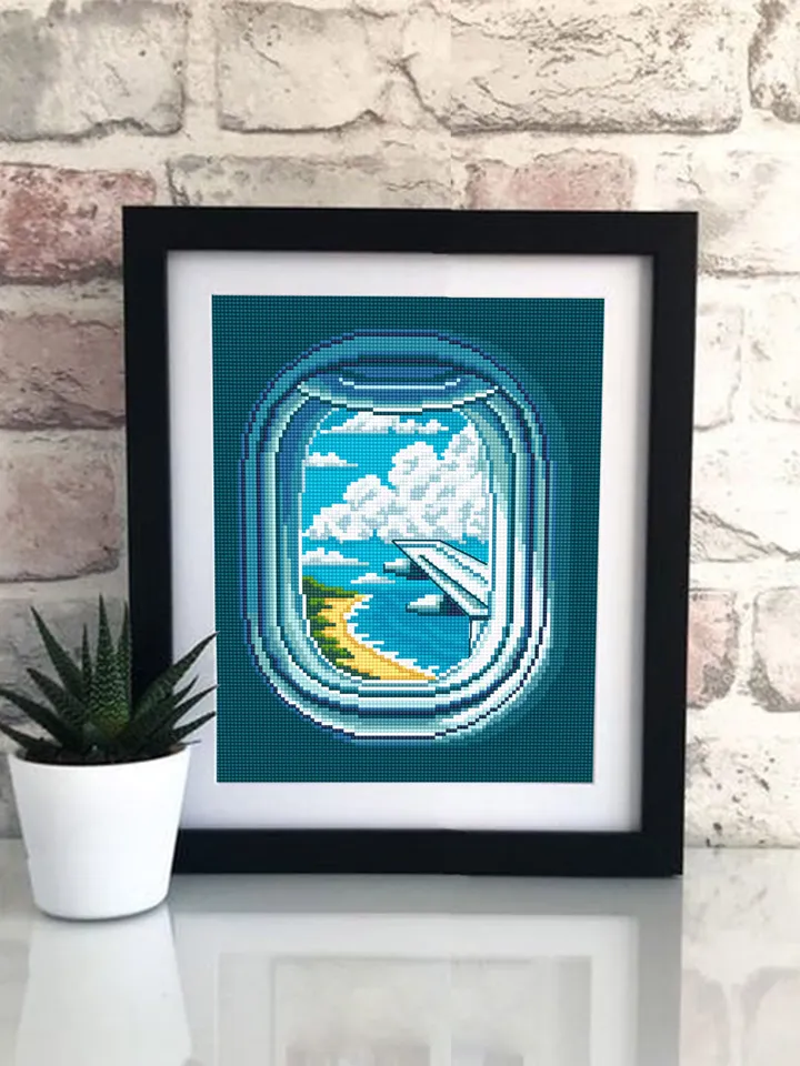Airplane window cross stitch pattern download PDF Summer sea landscape cross stitch chart Nature cross stitch sampler Travel lover gift #L48