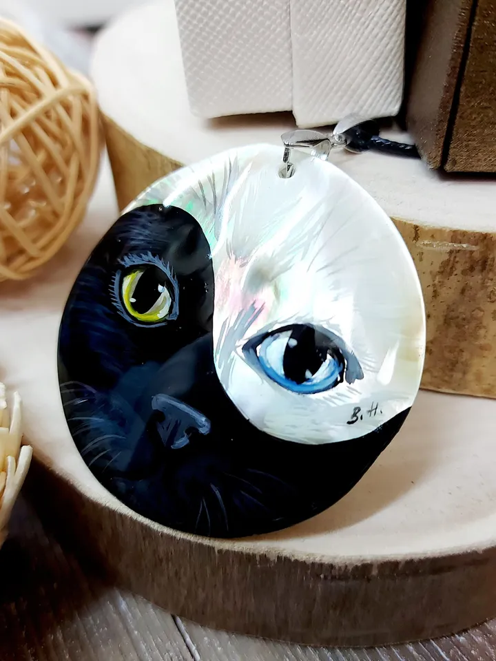 Pendant Mother-of-pearl "Yin-Yang Cat" miniature hand-painted. Russian jewelry. Gift for cat lovers. Hand-painted Necklace. MOP
