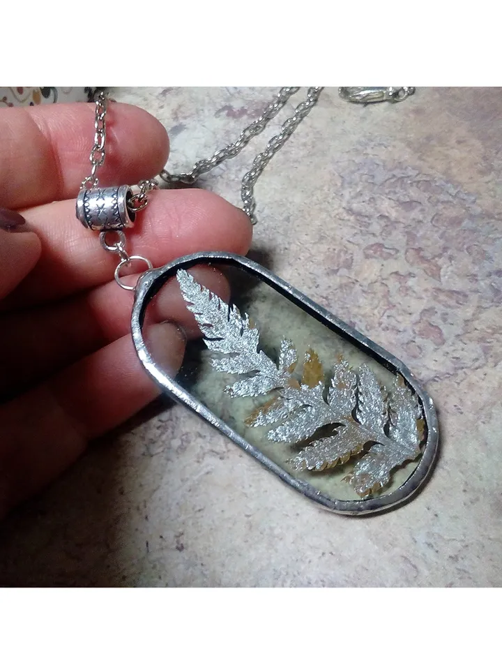 Valentine necklace, Stained glass necklace, pressed fern, Dry fern necklace, Terrarium pendaant