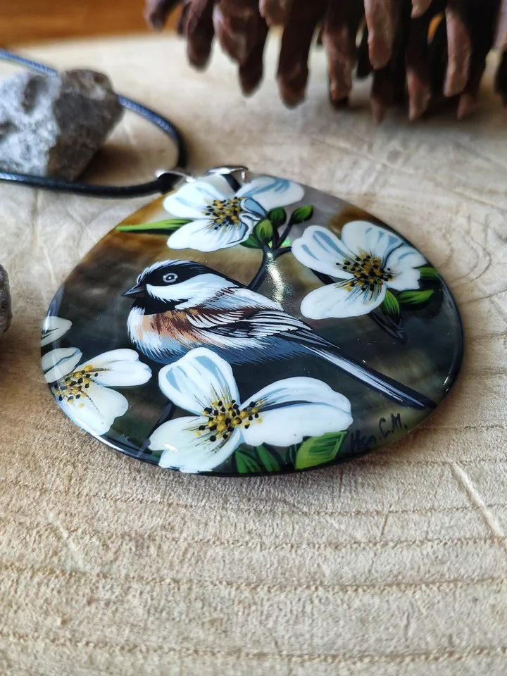 Pearl pendant necklace: Sparrow in wild roses on dainty handmade pendant • Elegant bird and floral necklace • Cute disc necklace for dress