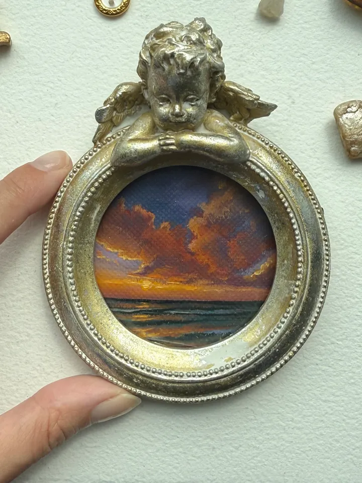 Small Landscape Oil Painting Framed Original Colorful Pink Clouds Antique Ocean Art Coastal Antique Frame Tiny Paintings 4 x 4 Art Victorian artwork