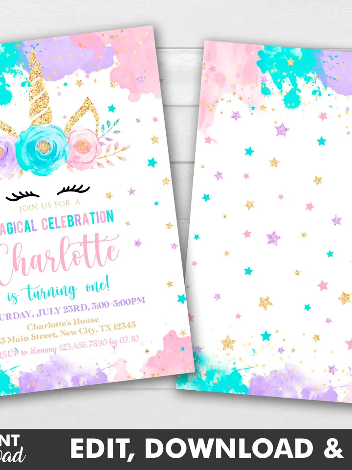 Unicorn Birthday Invitation, Unicorn Invitation, Girl Birthday Invitation Instant Download Editable Template Digital File