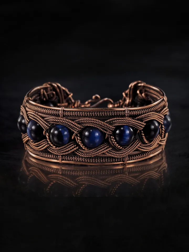 Copper wire bracelet with natural falcon eye, 7th Wedding Anniversary gift