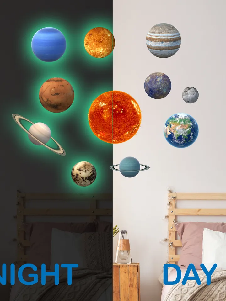 Glow In The Dark Planet Wall Decals - Solar System Glowing Sticker For Ceiling - Galaxy Kid Room Decor - 3d Outer Space Light Boy Decoration