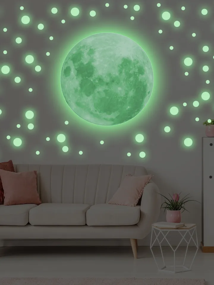 Glow In The Dark Full Moon And Star Wall Sticker - Bedroom Ceiling Decoration Large Glowing Decal - Big Luminous Light For Kid Room Decor