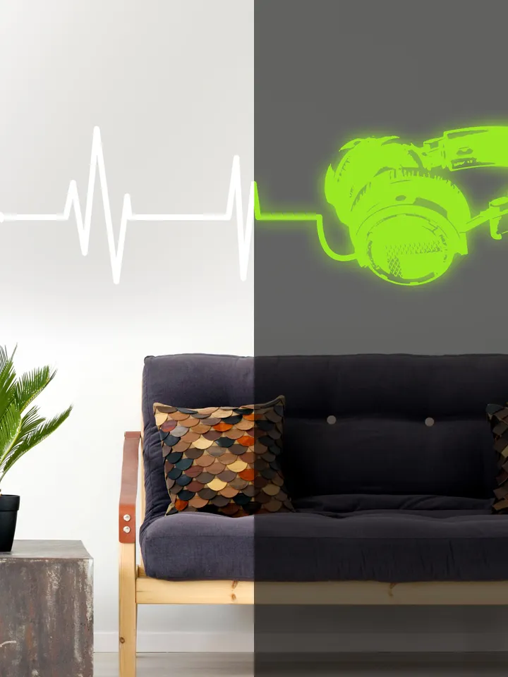 Glow In Dark Headphone Vinyl Wall Sticker - Night Light Music Art Dj Decal - Glowing Neon Cut Decor Mural Music Sticker