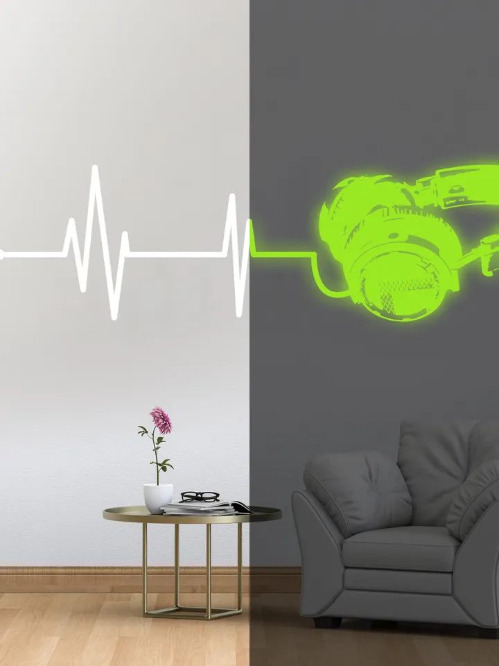 Glow In Dark Headphone Vinyl Wall Sticker - Night Light Music Art Dj Decal - Glowing Neon Cut Decor Mural Music Sticker