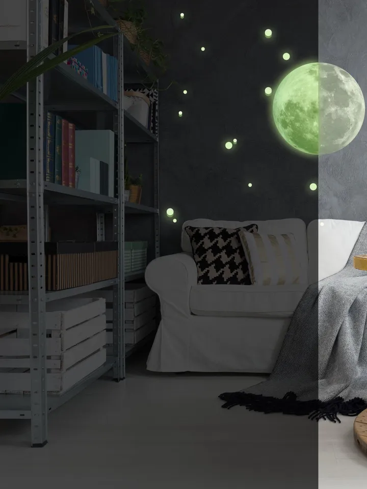 Glow In The Dark Full Moon And Star Wall Sticker - Bedroom Ceiling Decoration Large Glowing Decal - Big Luminous Light For Kid Room Decor